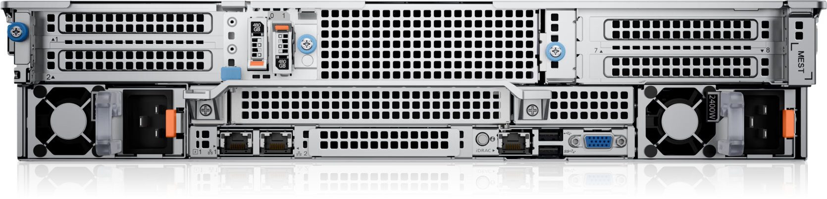 Dell PowerEdge R760xa, rear i/o: Power supplies, expansion slots and the rear port cluster.