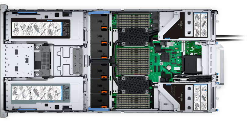 Dell PowerEdge R760xa, inside: The chassis from above with the lid off.