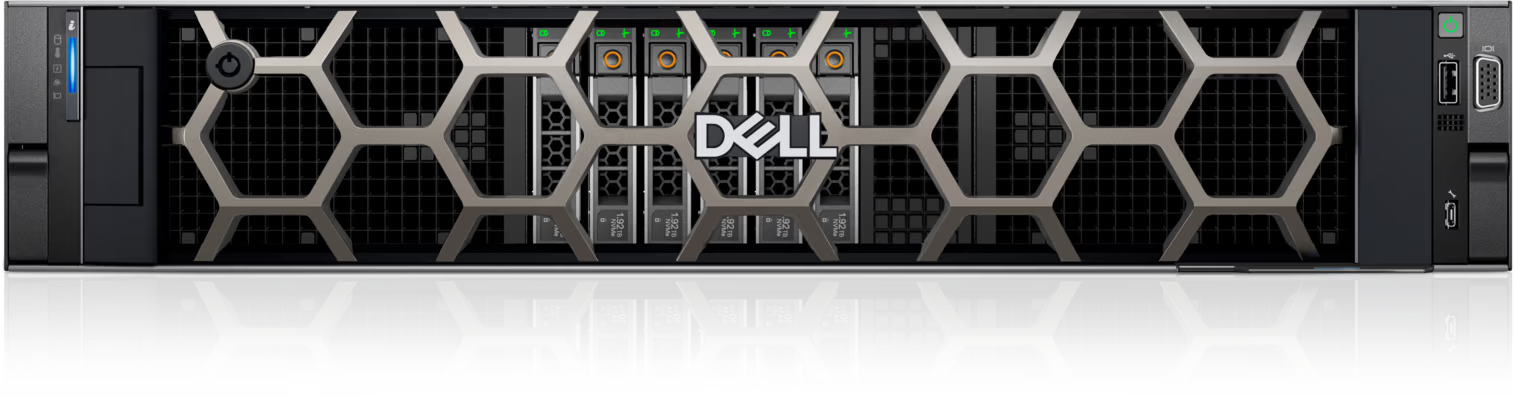 Dell PowerEdge R760xa, bezel detail: The bezel and Dell badge, straight on.