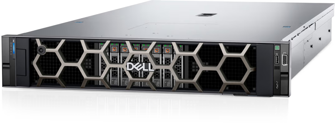 Dell PowerEdge R760xa, front, angled: The 2U chassis with the hex pattern bezel in place.